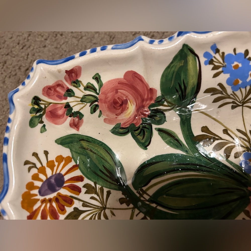 Vintage 1930s Nove Rose Hand Painted Scalloped Edge Square Plate Bowl Italy